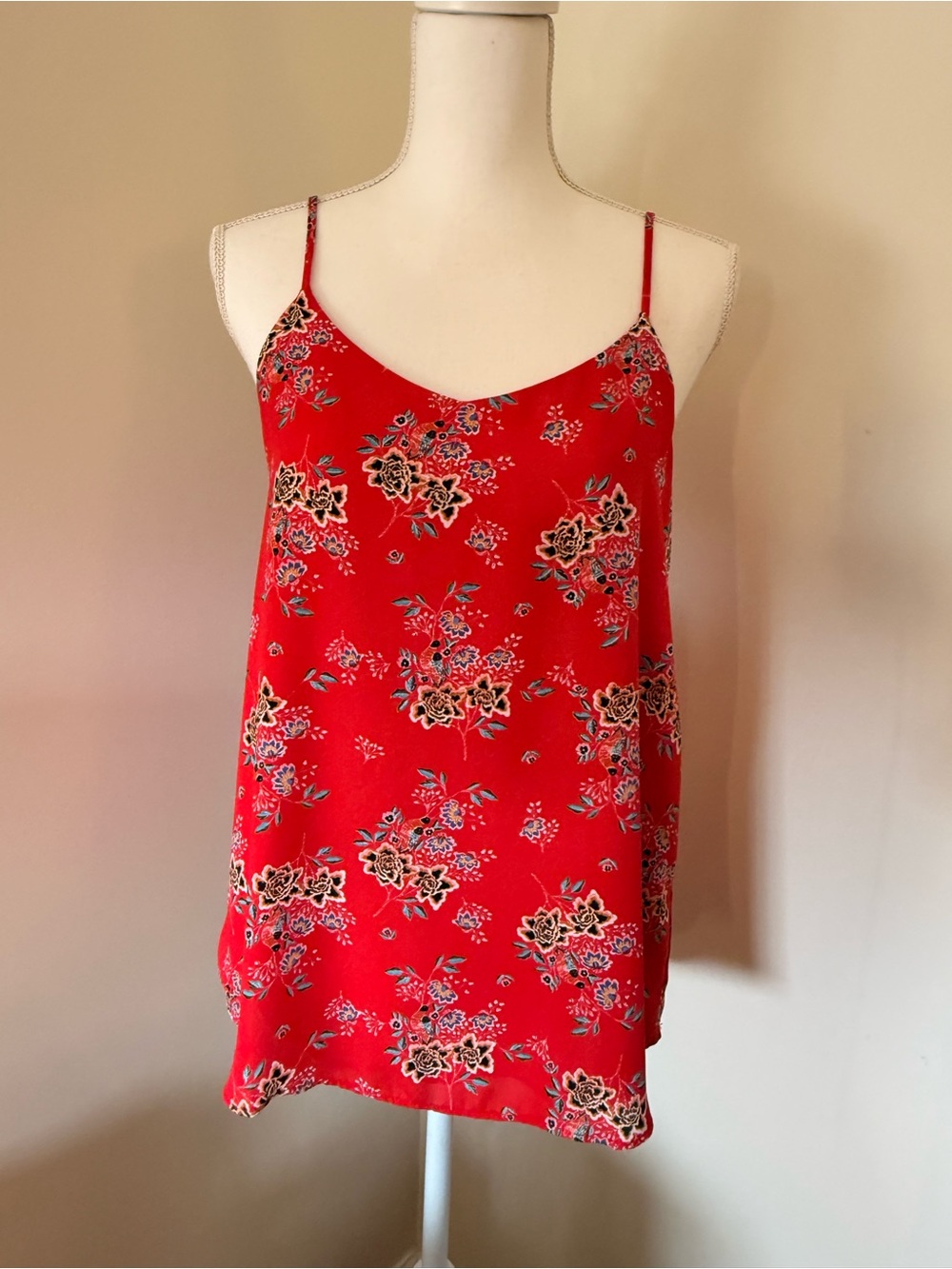 Pink Rose Red Floral Camisole Tank with Spaghetti Straps